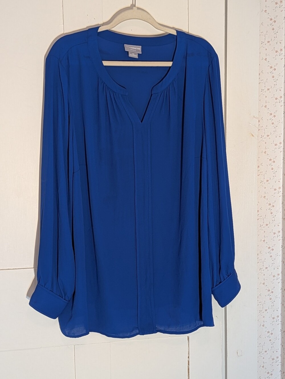 Liz Claiborne Blouse 2X Cobalt Blue Split-Neck Long Sleeve Shirt Office Career